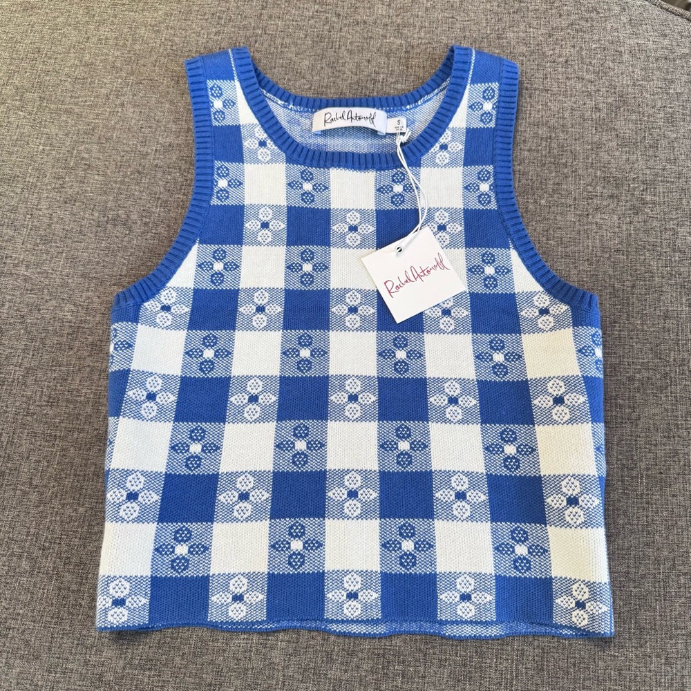 Rachel Antonoff Pippa Shell Sweater Sleeveless in Blue and White Gingham Print - Picture 2 of 5